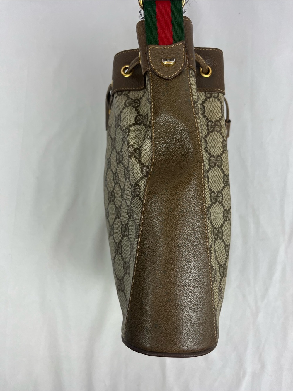 GUCCI Sherry Line Drawstring Shoulder Bag & Dustbag GG Brown Monogram VTG Italy - Picture 7 of 16